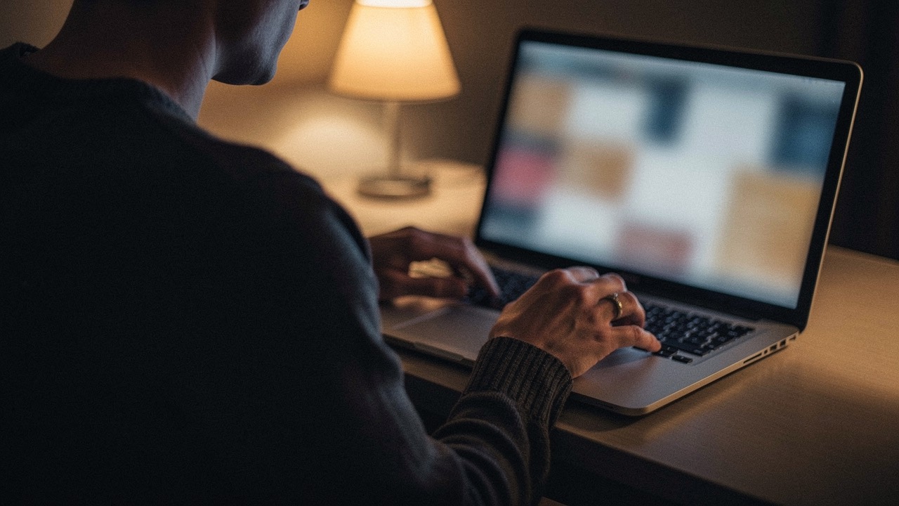 Person looking at a blurred laptop screen in the evening