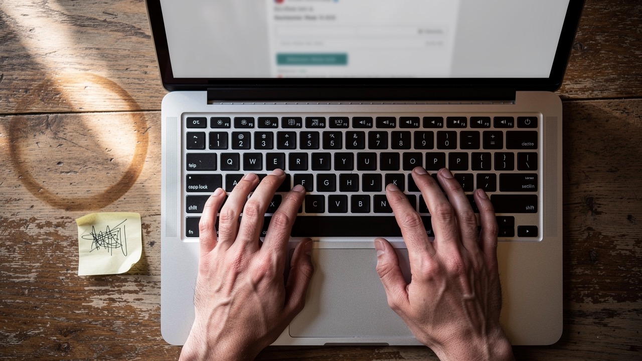 Hands typing on a laptop at a wooden desk