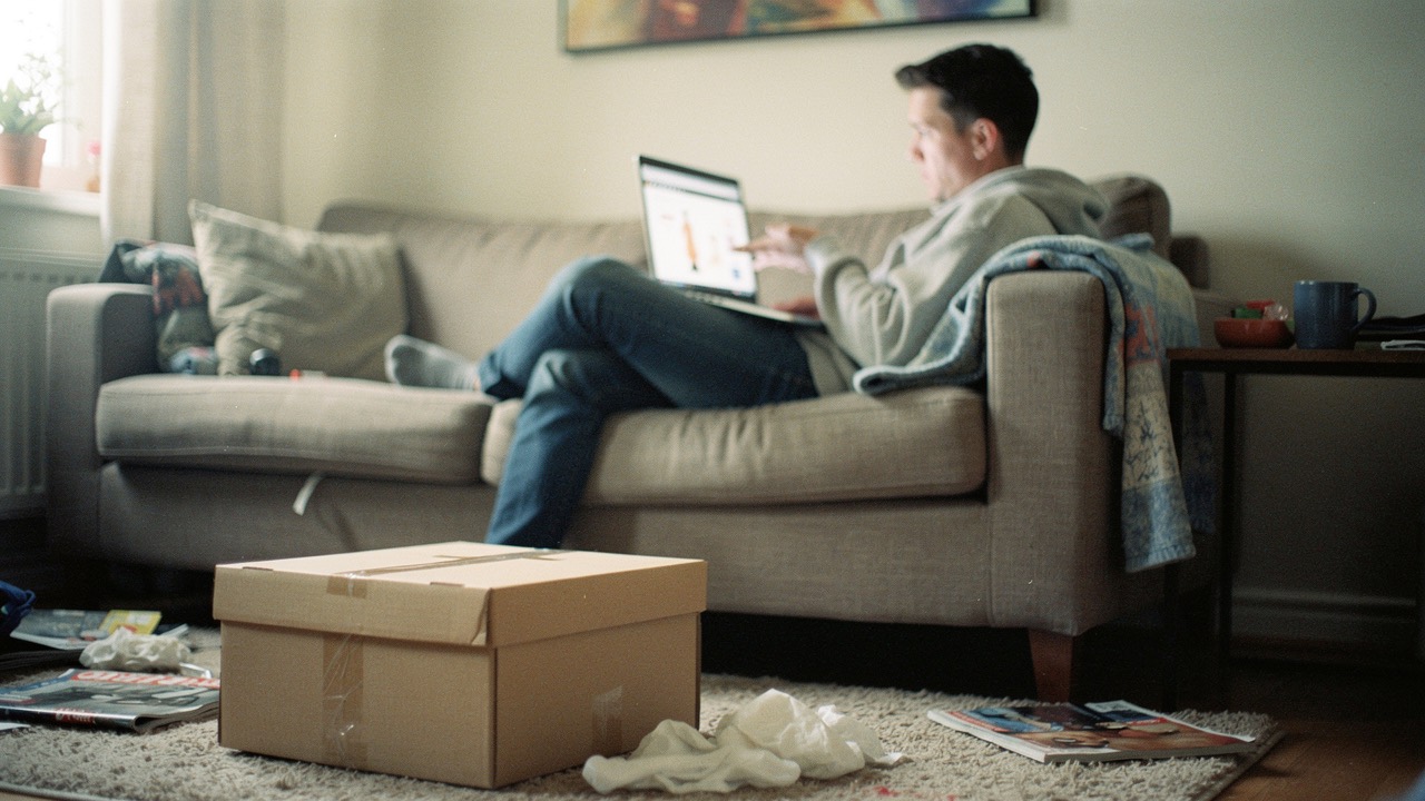 Person on a sofa with a laptop and a delivery box