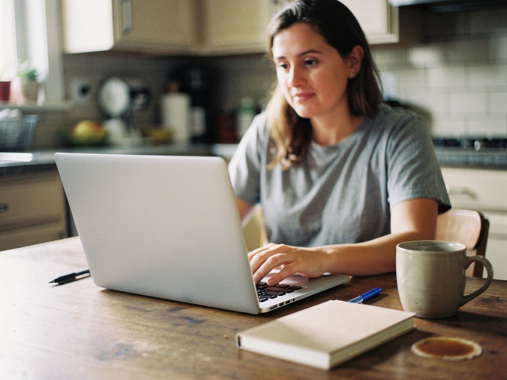 Person at a kitchen table looking at a laptop