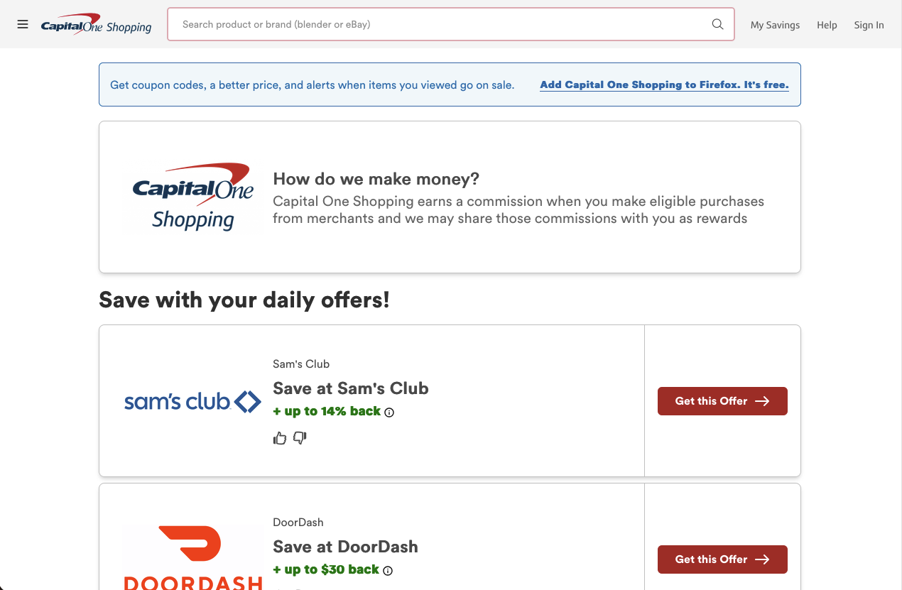 Screenshot of Capital One Shopping daily offers, including Sam's Club and DoorDash