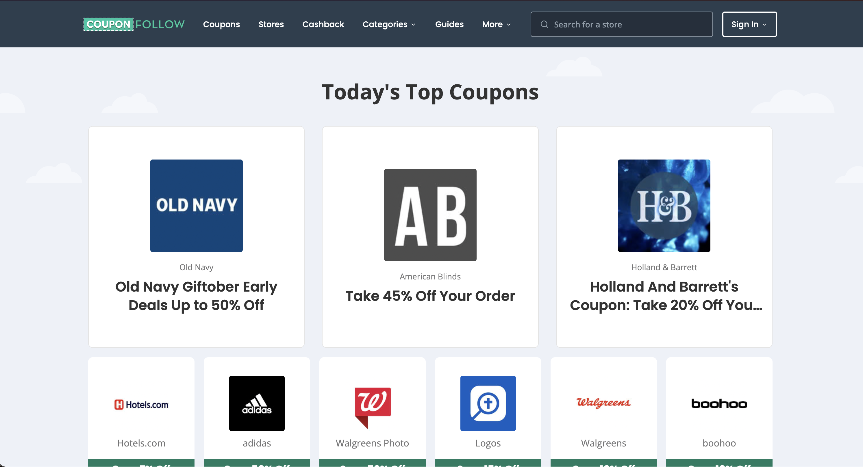 Screenshot of the CouponFollow homepage with store coupons and deal categories