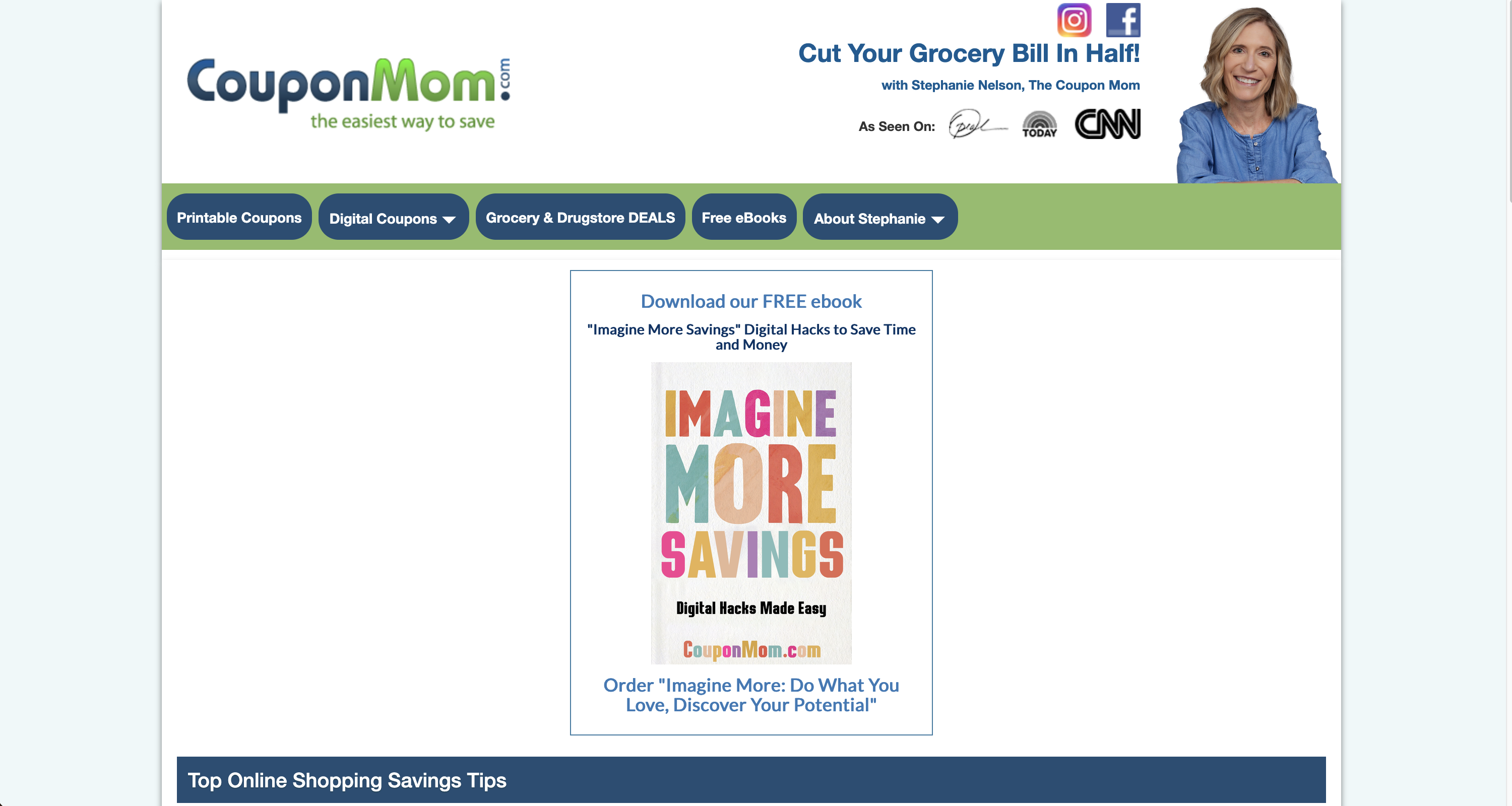 Screenshot of the Coupon Mom homepage with grocery deal lists and digital coupon search