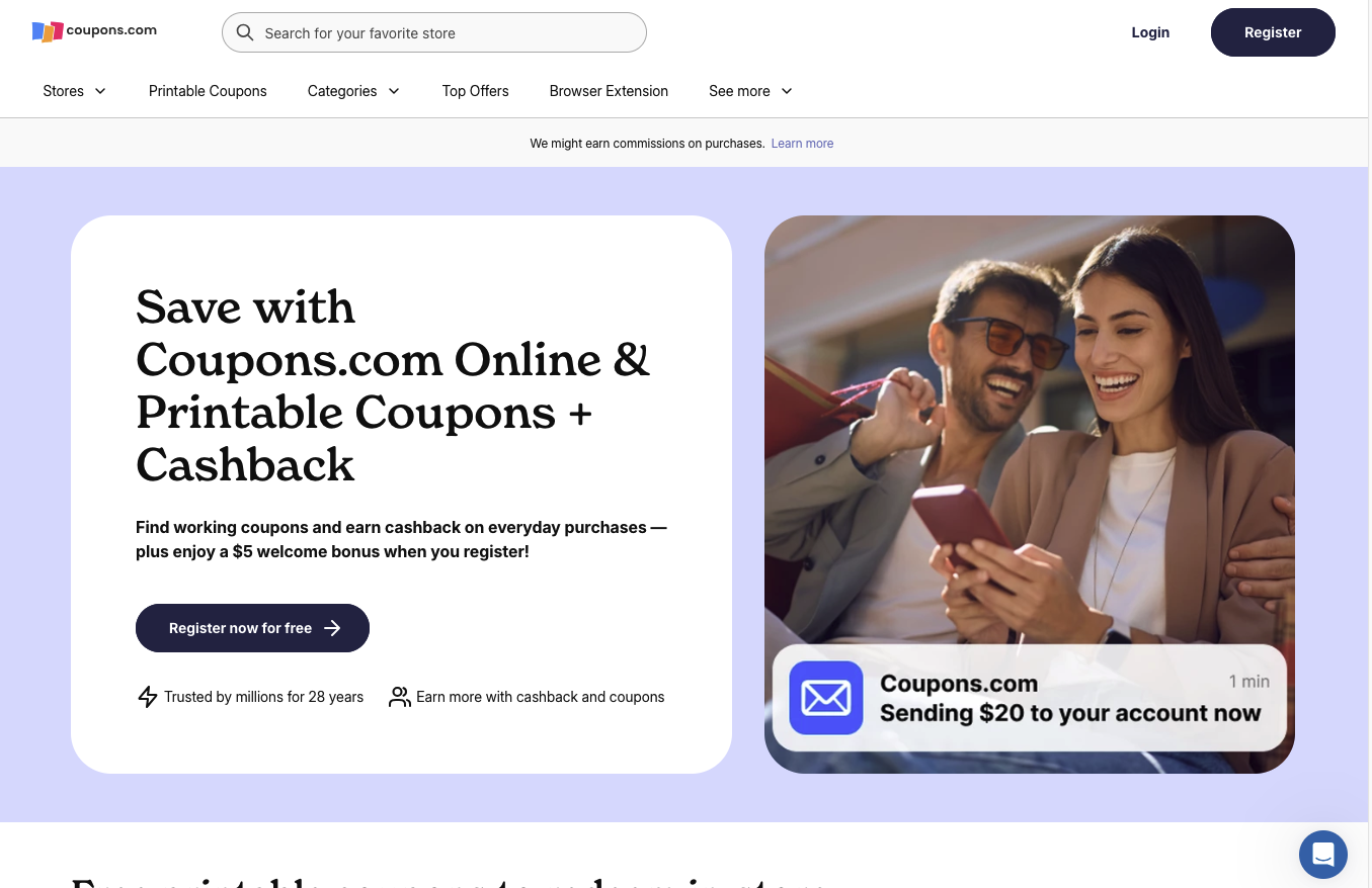 Screenshot of the Coupons.com homepage with a registration offer and a cashback notice