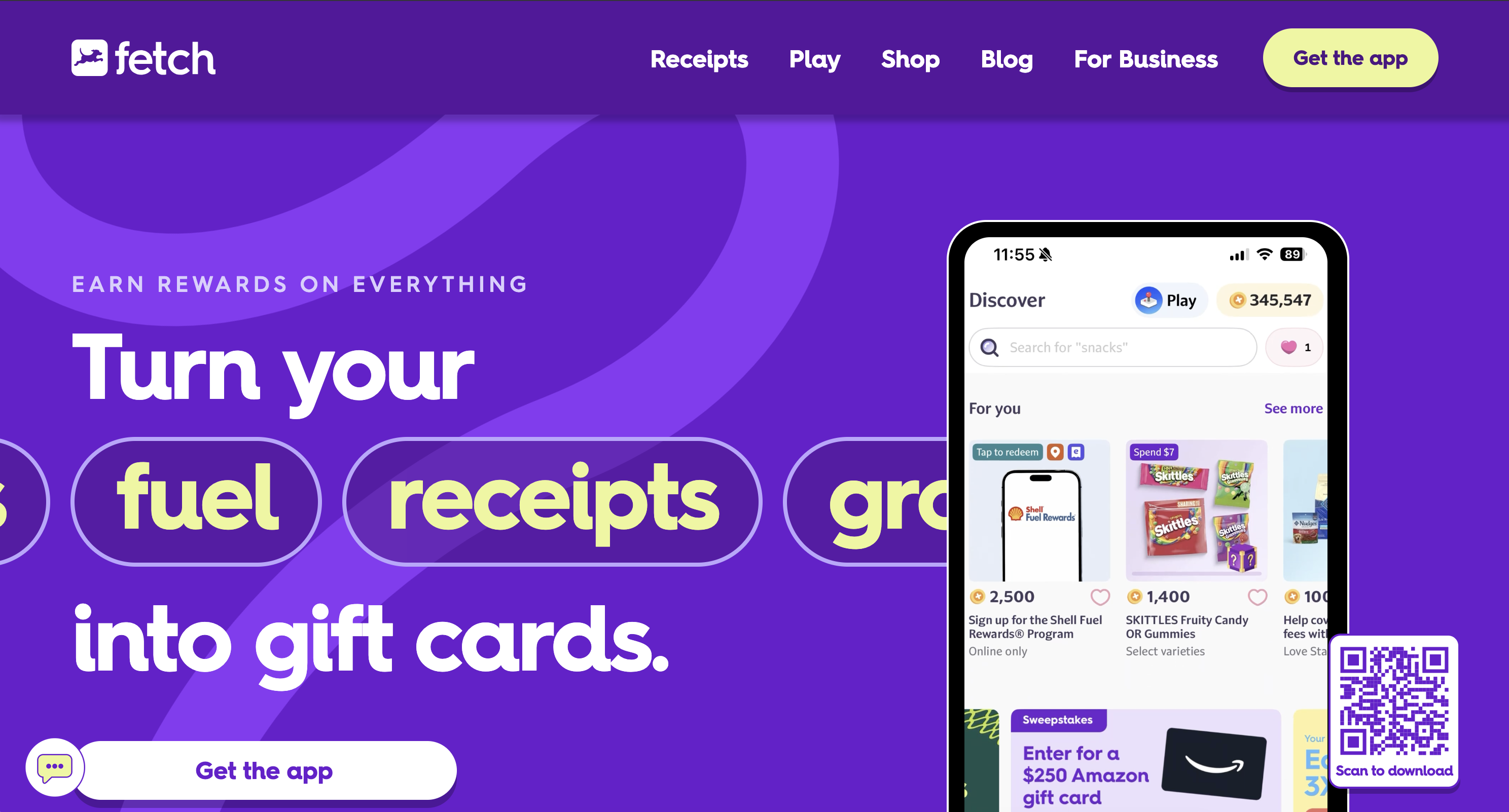 Screenshot of the Fetch homepage promoting receipt rewards and app offers