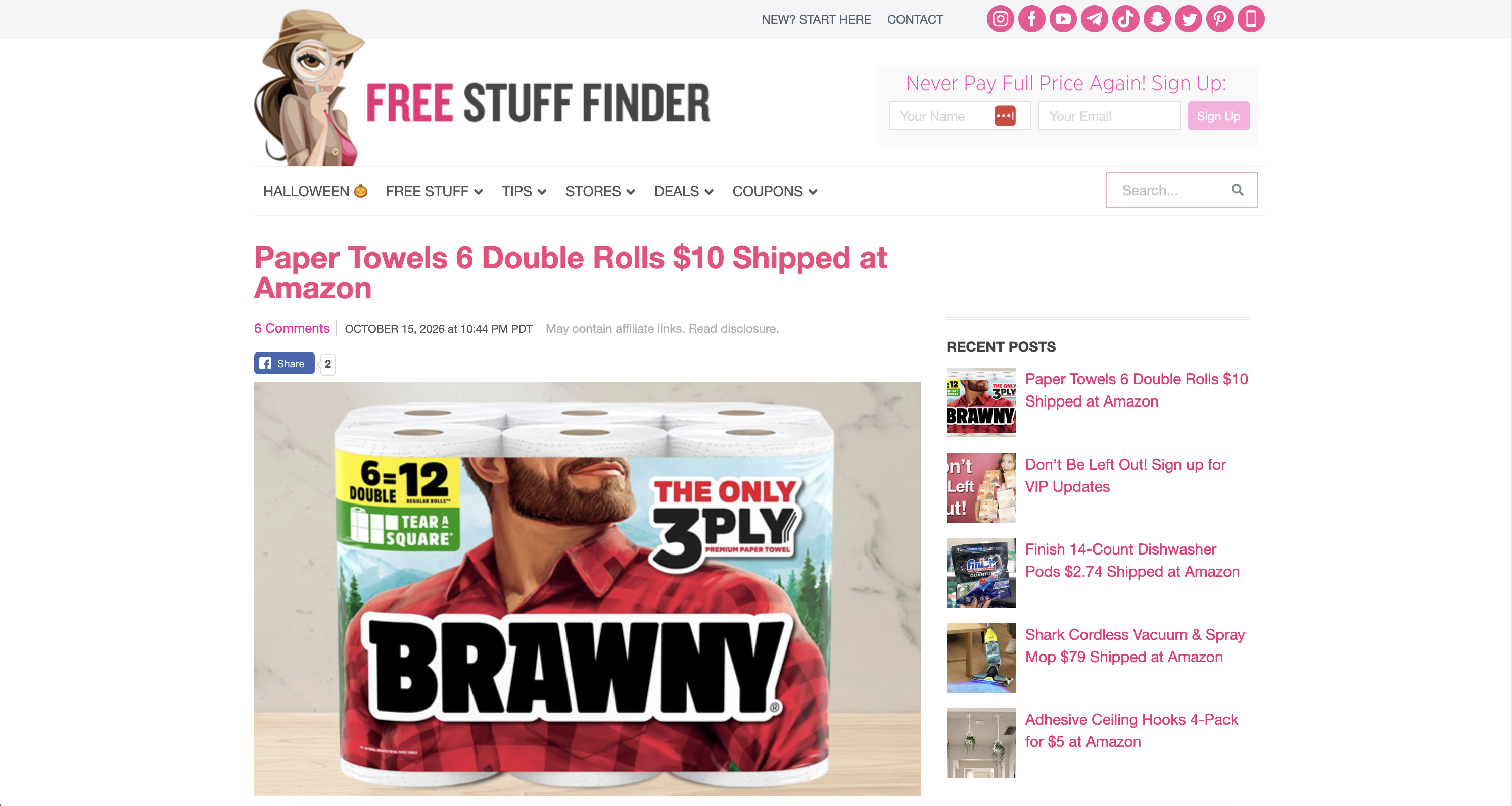 Screenshot of the Free Stuff Finder homepage with latest deals and free sample posts