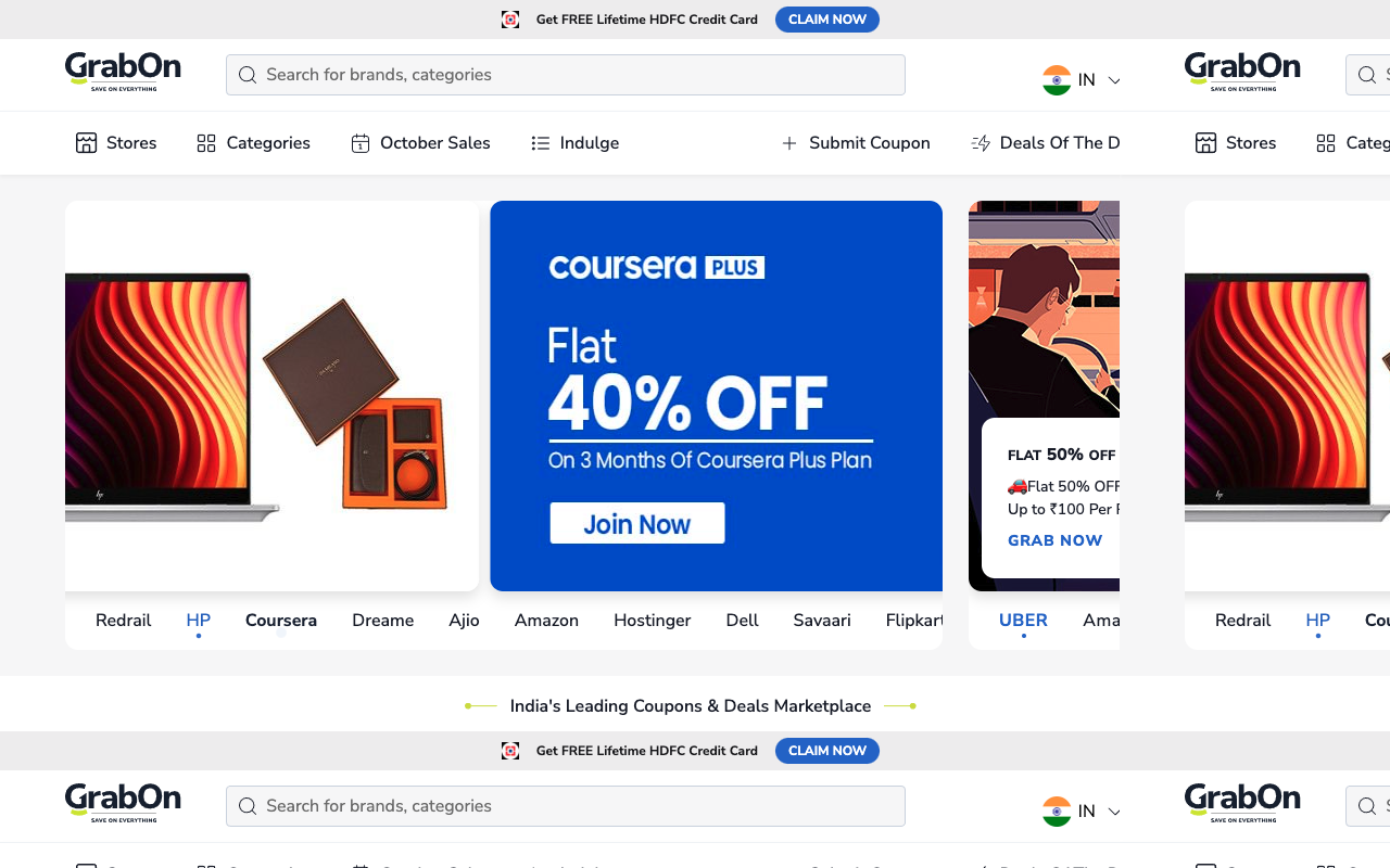 Screenshot of the GrabOn India homepage with popular stores and coupon offers