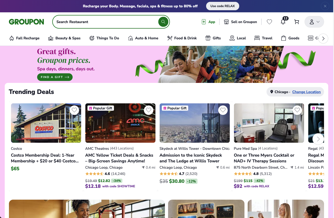 Screenshot of the Groupon homepage with trending local deals and prices