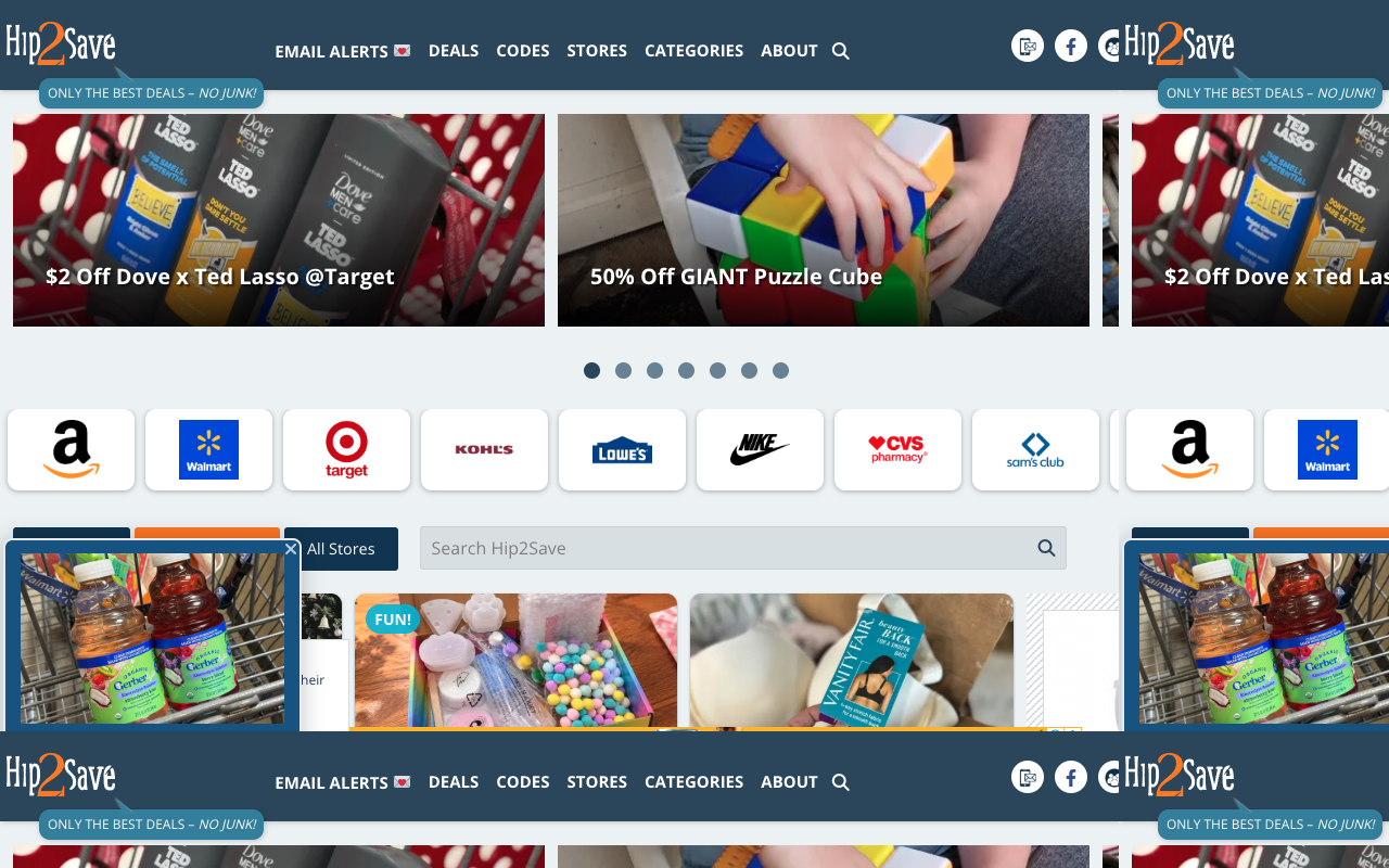 Screenshot of the Hip2Save homepage with deal posts and store navigation
