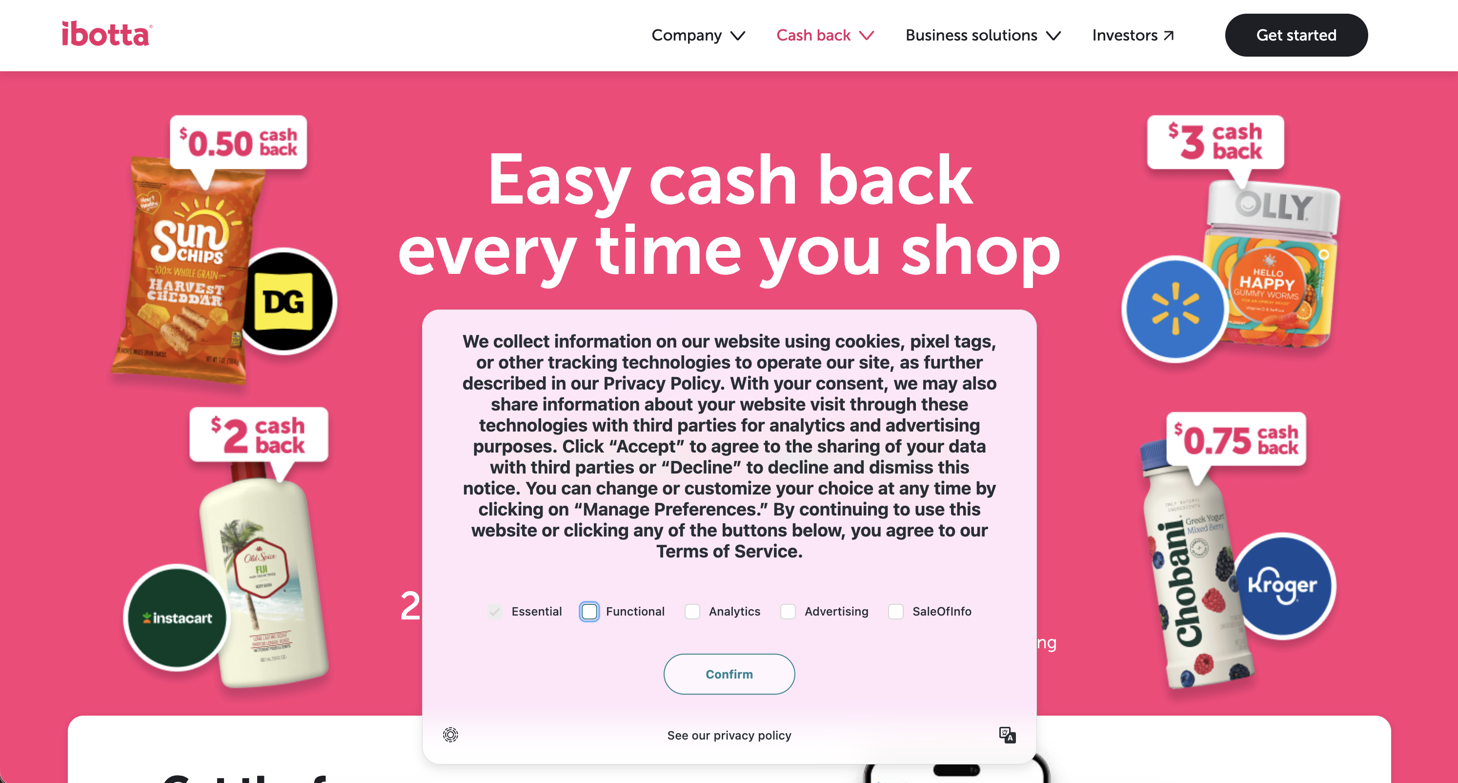 Screenshot of the Ibotta homepage with grocery and retail rebate offers