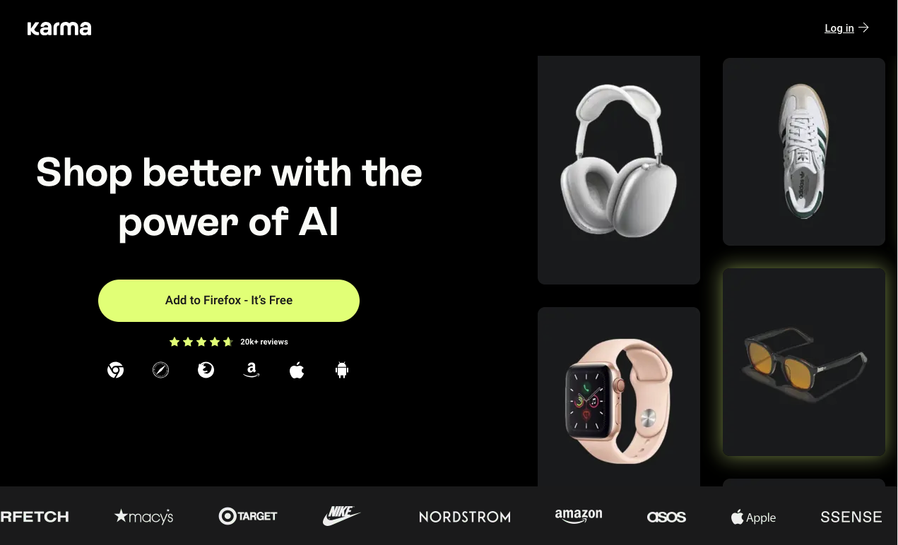 Screenshot of the Karma homepage with an add-to-browser button and product photos