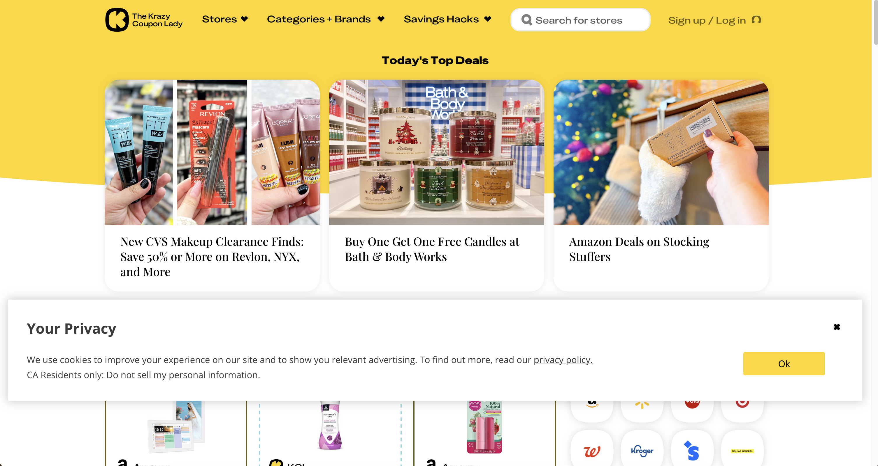 Screenshot of The Krazy Coupon Lady homepage with today's top deals and store coupon tiles