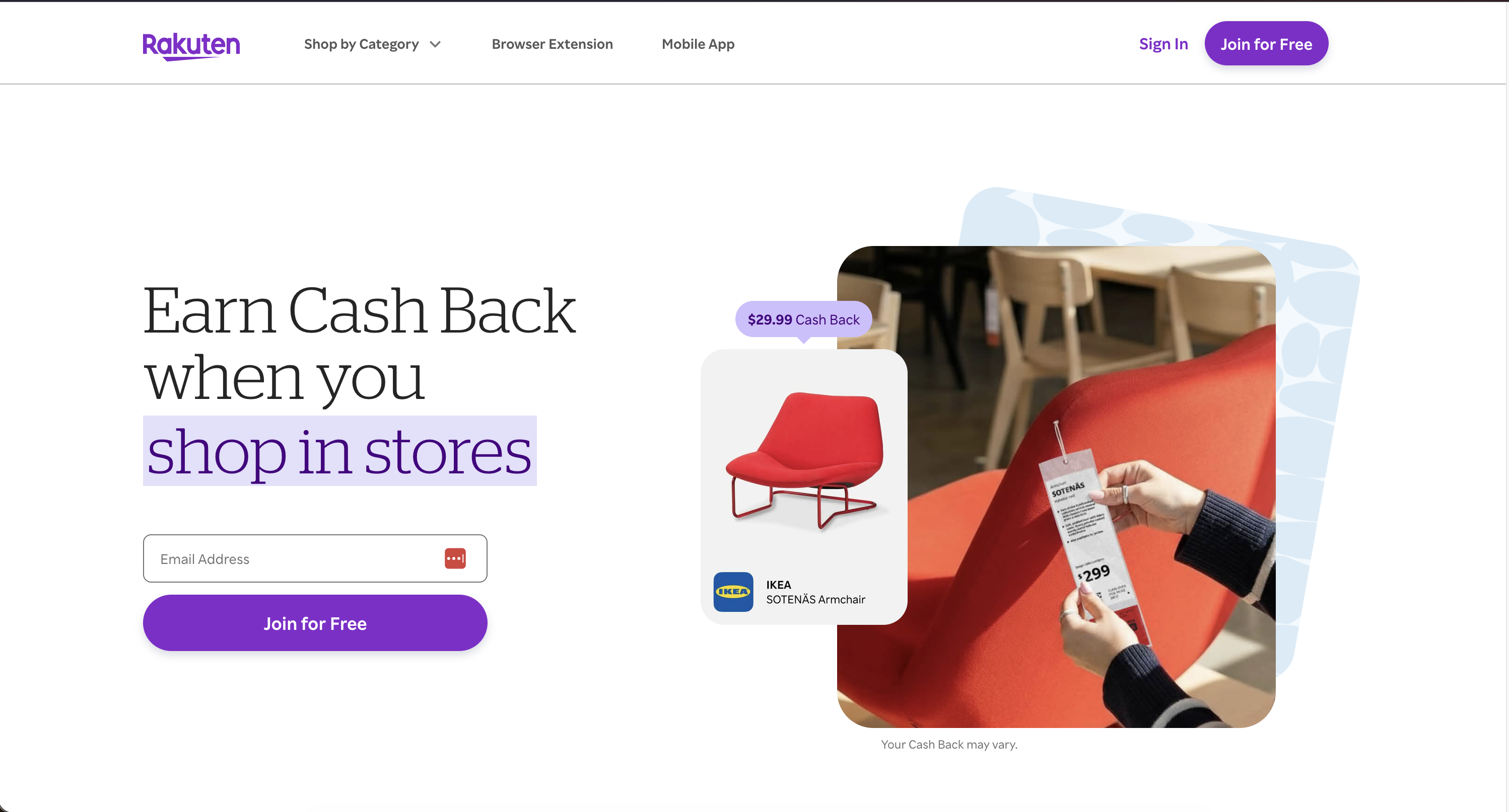 Screenshot of the Rakuten homepage with cash-back store offers and rates
