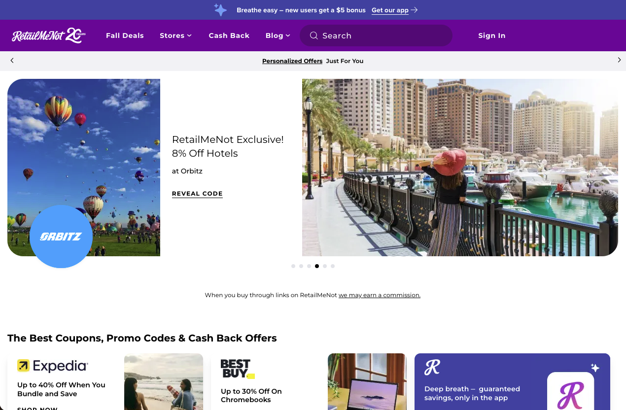 Screenshot of the RetailMeNot homepage showing a hotel offer and a reveal-code button