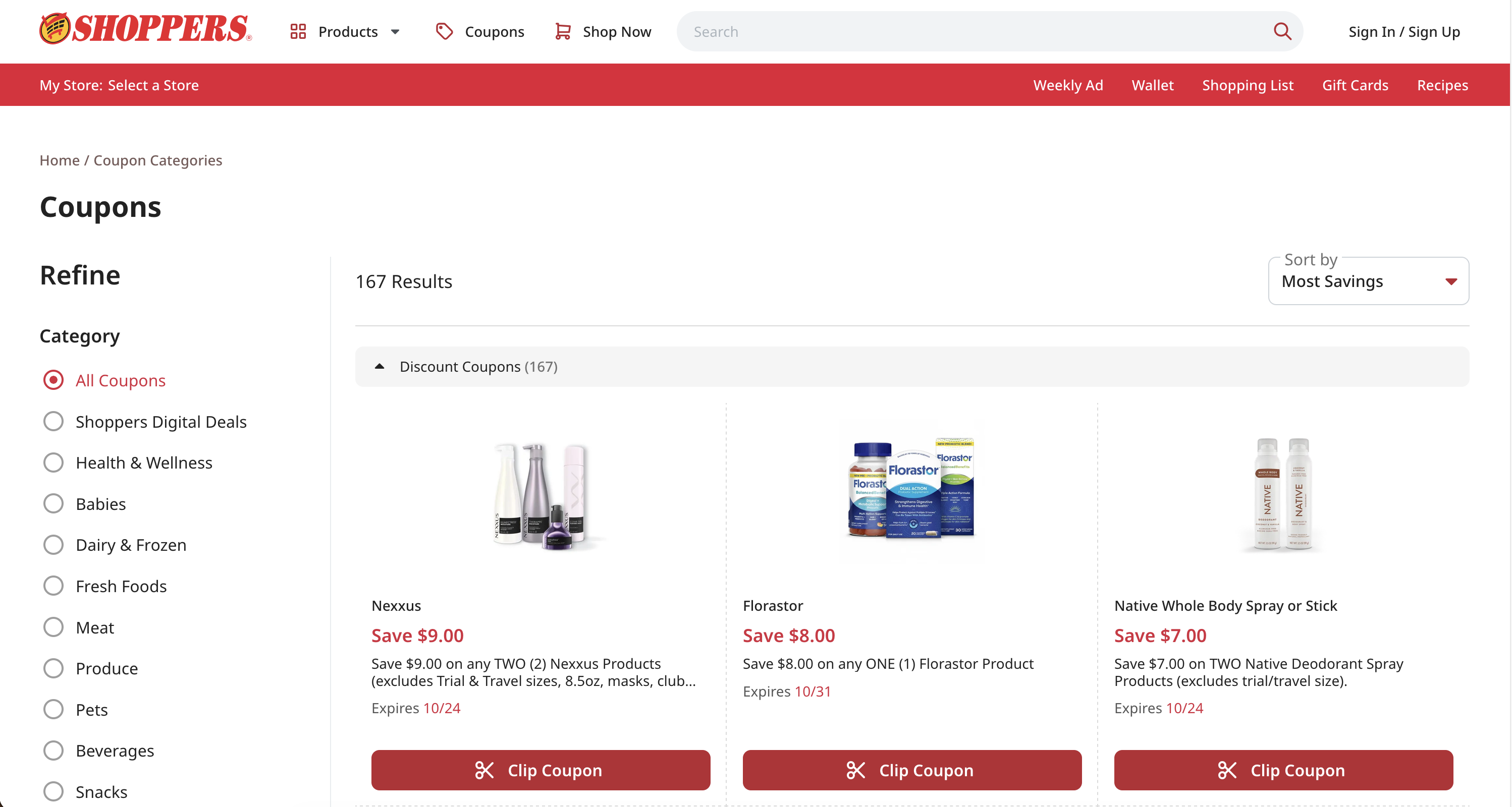 Screenshot of the Shoppers Food homepage with coupons, wallet, and weekly ad navigation