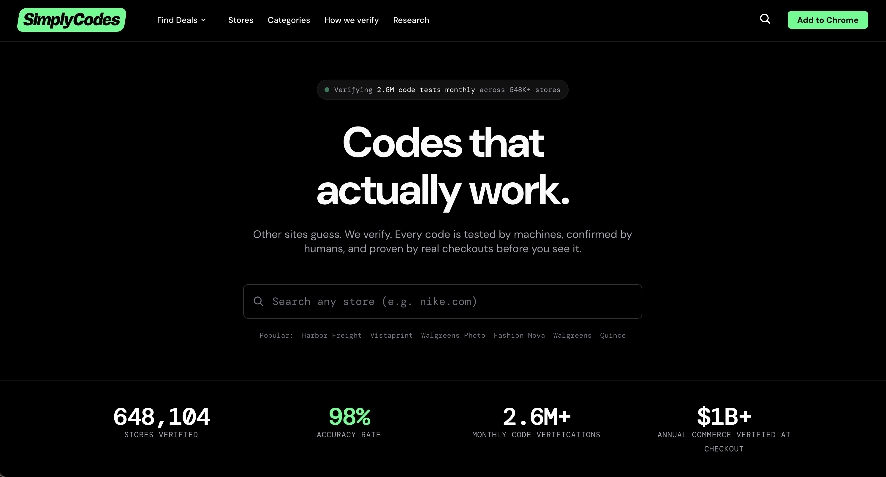 Screenshot of the SimplyCodes homepage with store search and promo code listings