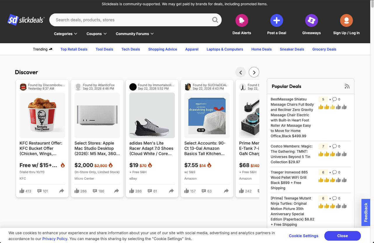 Screenshot of the Slickdeals discover page with member-posted deals and vote counts