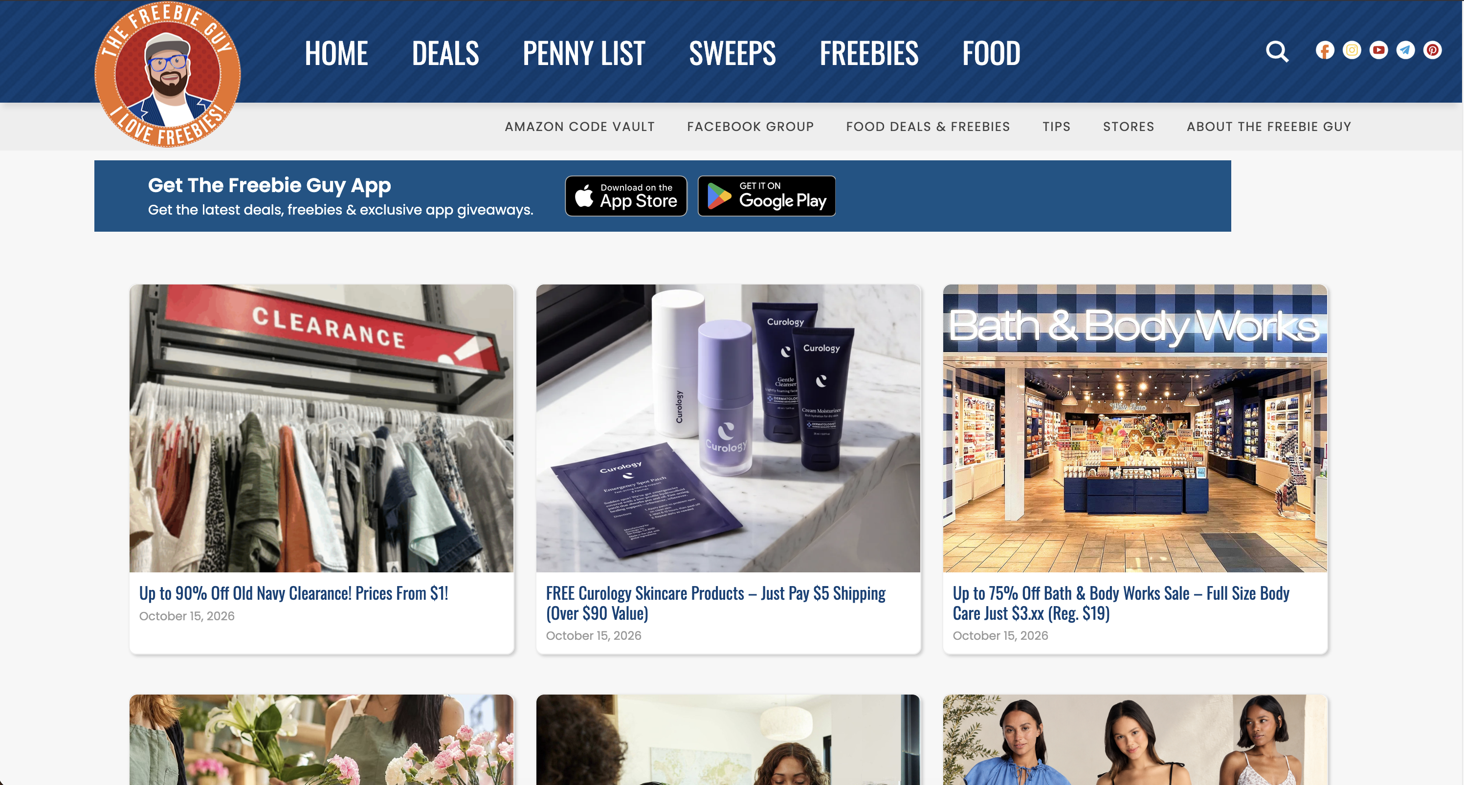 Screenshot of The Freebie Guy homepage with deal posts and navigation for freebies and sweeps