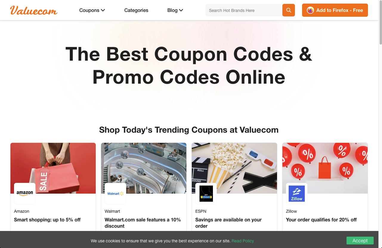 Screenshot of the Valuecom homepage with trending store coupon cards