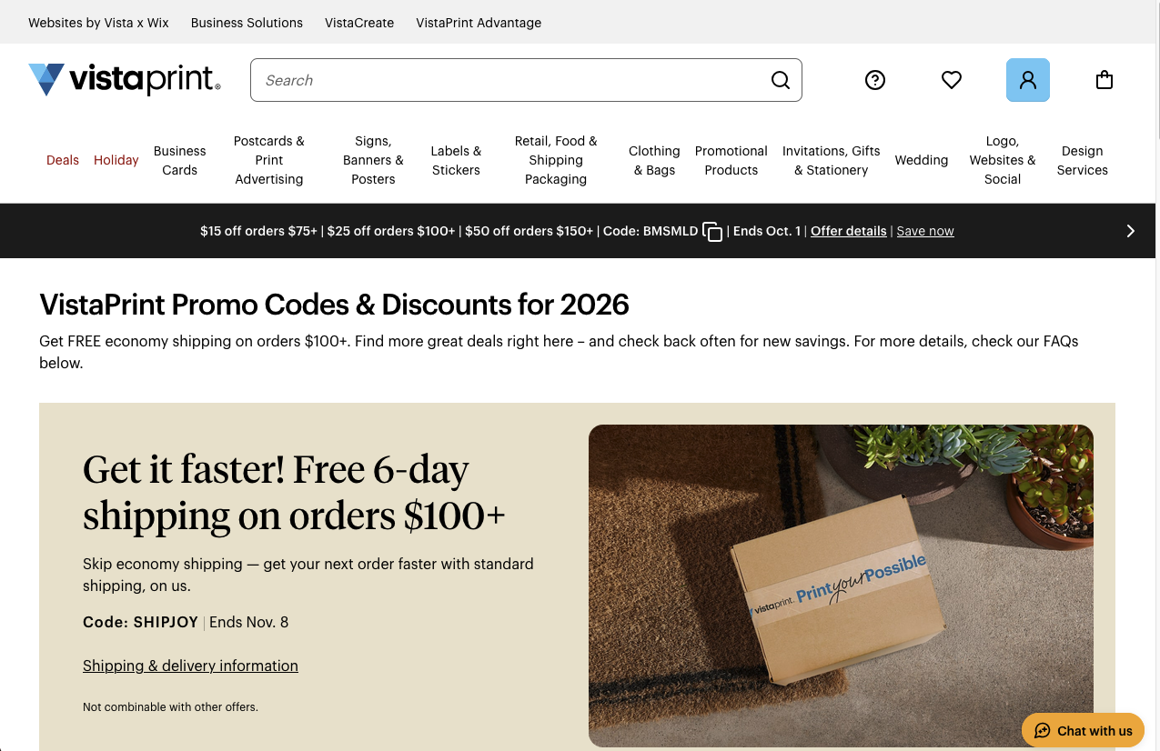 Screenshot of the VistaPrint promo codes page with a shipping offer and a discount banner