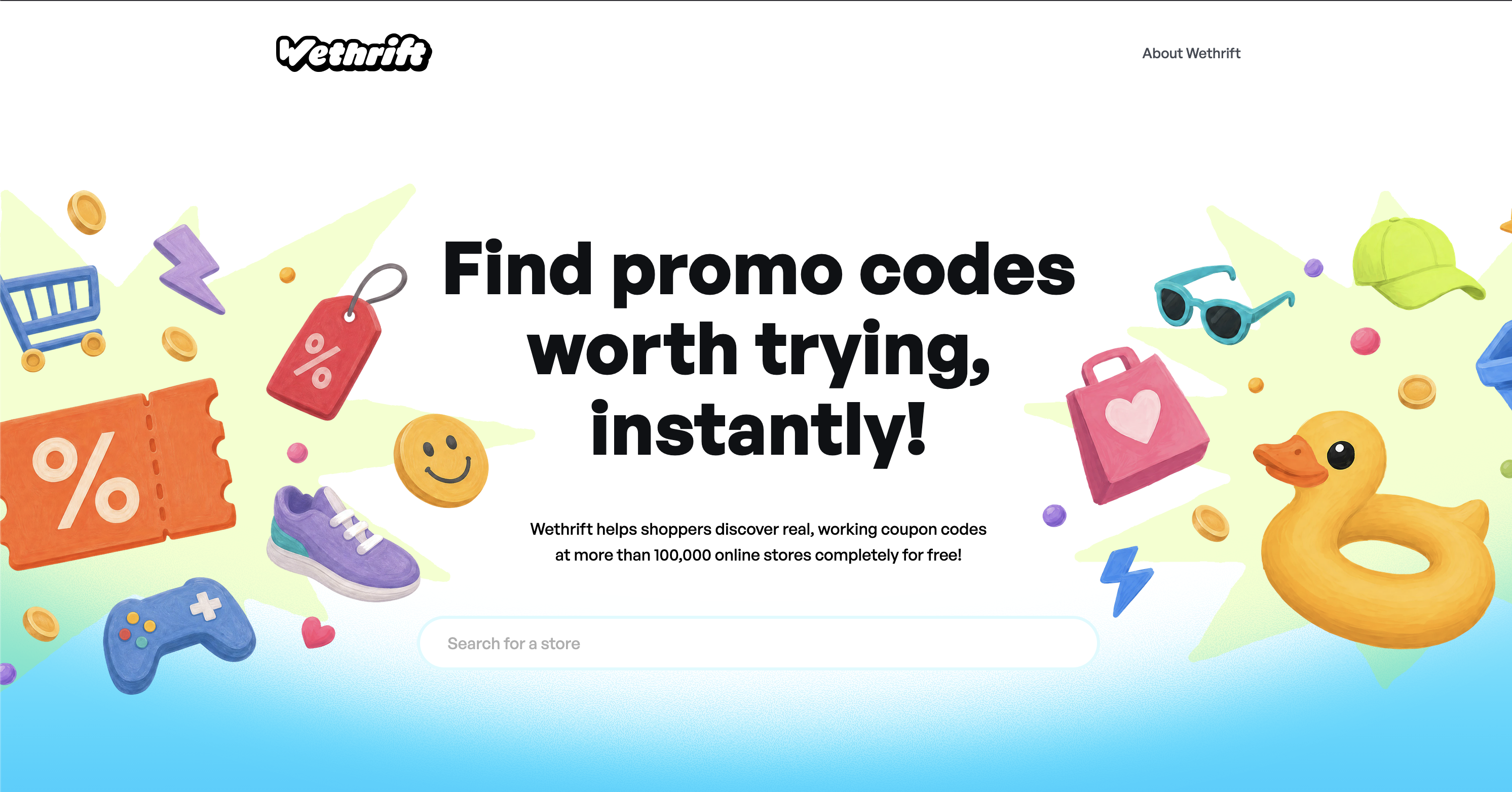 Screenshot of the Wethrift homepage with fashion and retail promo code cards